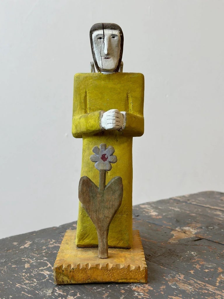 Vintage Folk Art Carved + Painted Wood Figure Praying to Flower by Zenon Miczolek, Circa 1990s - 6