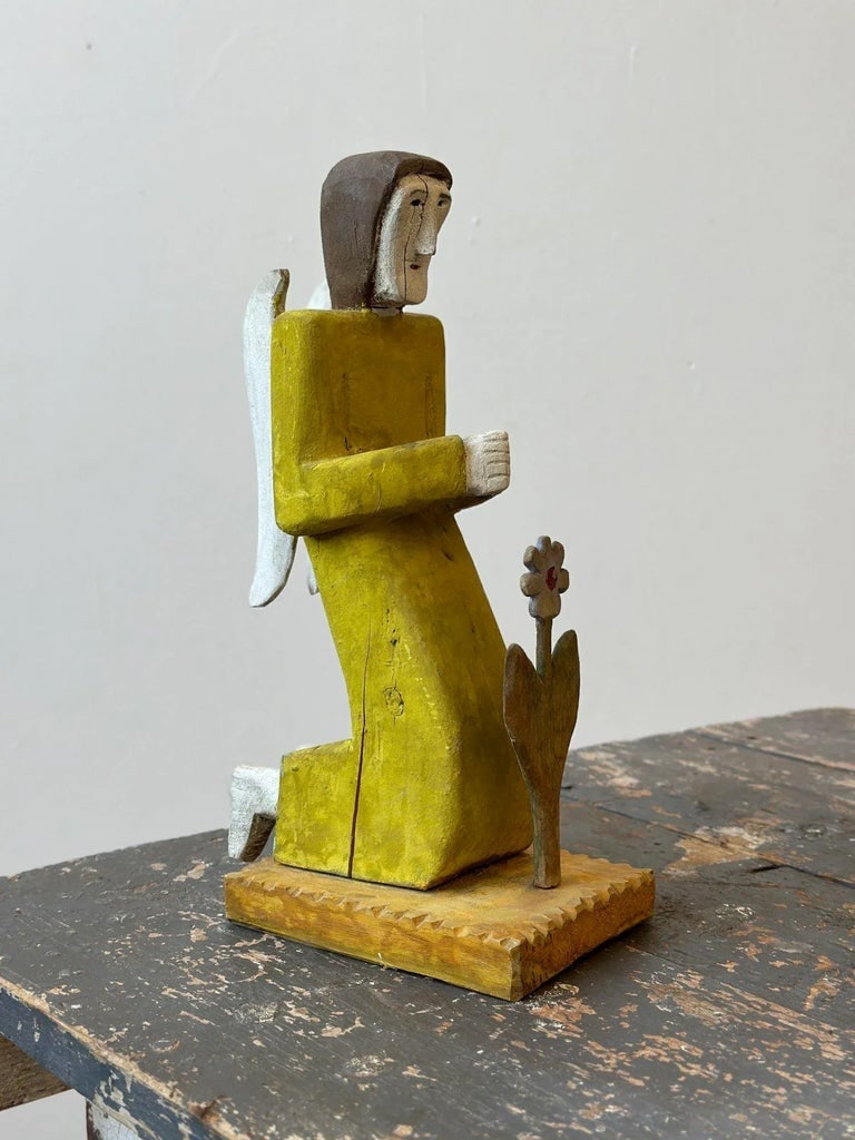 Vintage Folk Art Carved + Painted Wood Figure Praying to Flower by Zenon Miczolek, Circa 1990s - 7