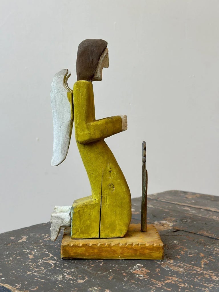 Vintage Folk Art Carved + Painted Wood Figure Praying to Flower by Zenon Miczolek, Circa 1990s - 8