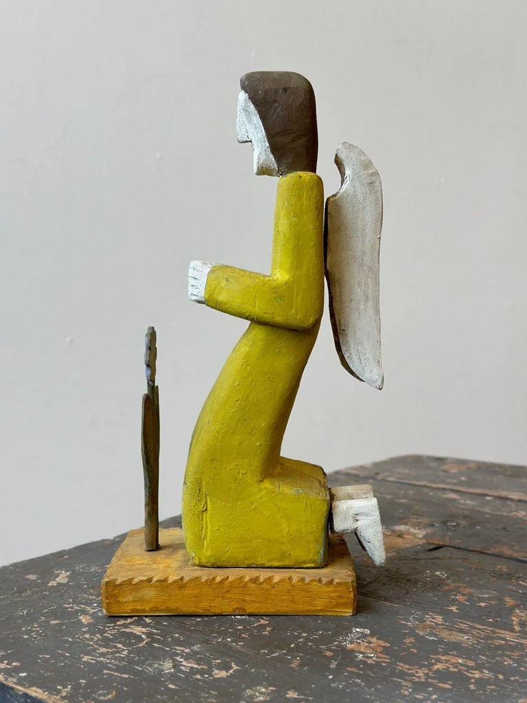 Vintage Folk Art Carved + Painted Wood Figure Praying to Flower by Zenon Miczolek, Circa 1990s - 9