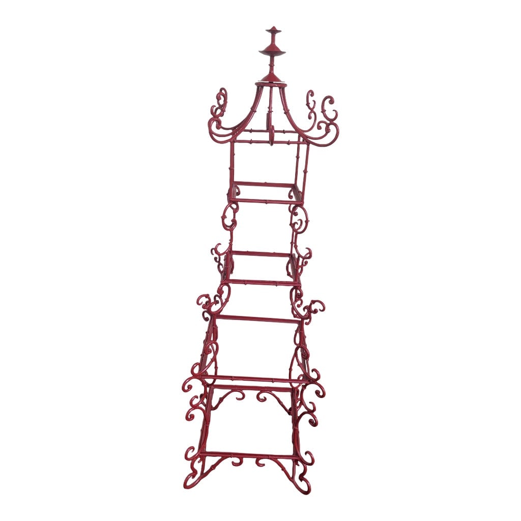 Vintage Red Lacquered Asian Style Etagere: Remarkable red lacquered 4 Tier Asian style etagere with glass shelves. Four glass shelves measuring 1 - 8 x 8", 1 - 8.76" x 8.75" 2 - 13.75" x 13.75" . Circa 1960's Just professionally restored ! Ove