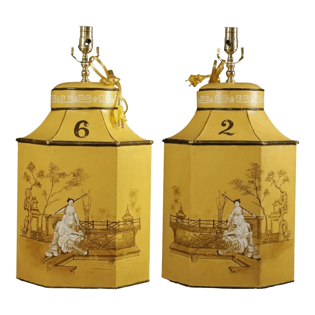 Vintage English Export Tea Caddy Hand-Painted Chinoiserie Figurines Table Lamp.Hand Drawn Table Lamp: Vintage English Export Tea Caddy Hand-Painted Chinoiserie Figurines Table Lamp.Hand Drawn Table Lamp, Retro Table Lamp The "Vintage English Tea Caddy, This lamp is a very typical European Chinoiserie