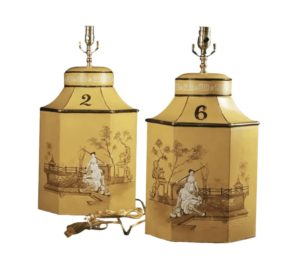Vintage English Export Tea Caddy Hand-Painted Chinoiserie Figurines Table Lamp.Hand Drawn Table Lamp - 2
