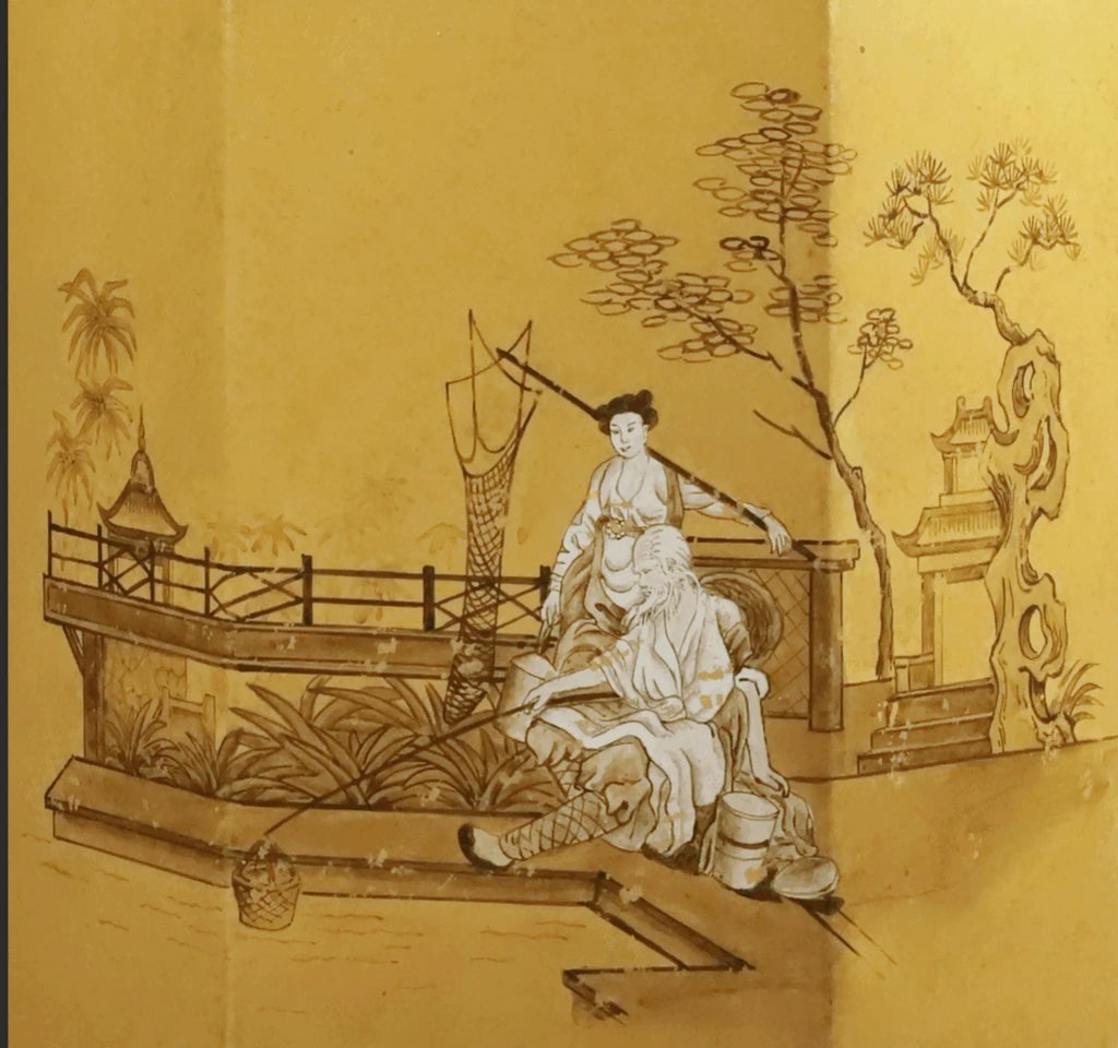 Vintage English Export Tea Caddy Hand-Painted Chinoiserie Figurines Table Lamp.Hand Drawn Table Lamp - 3