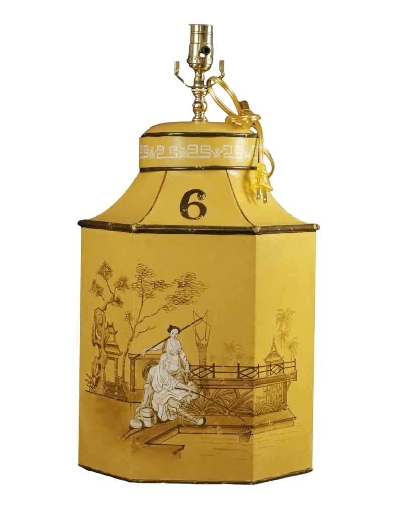 Vintage English Export Tea Caddy Hand-Painted Chinoiserie Figurines Table Lamp.Hand Drawn Table Lamp - 4