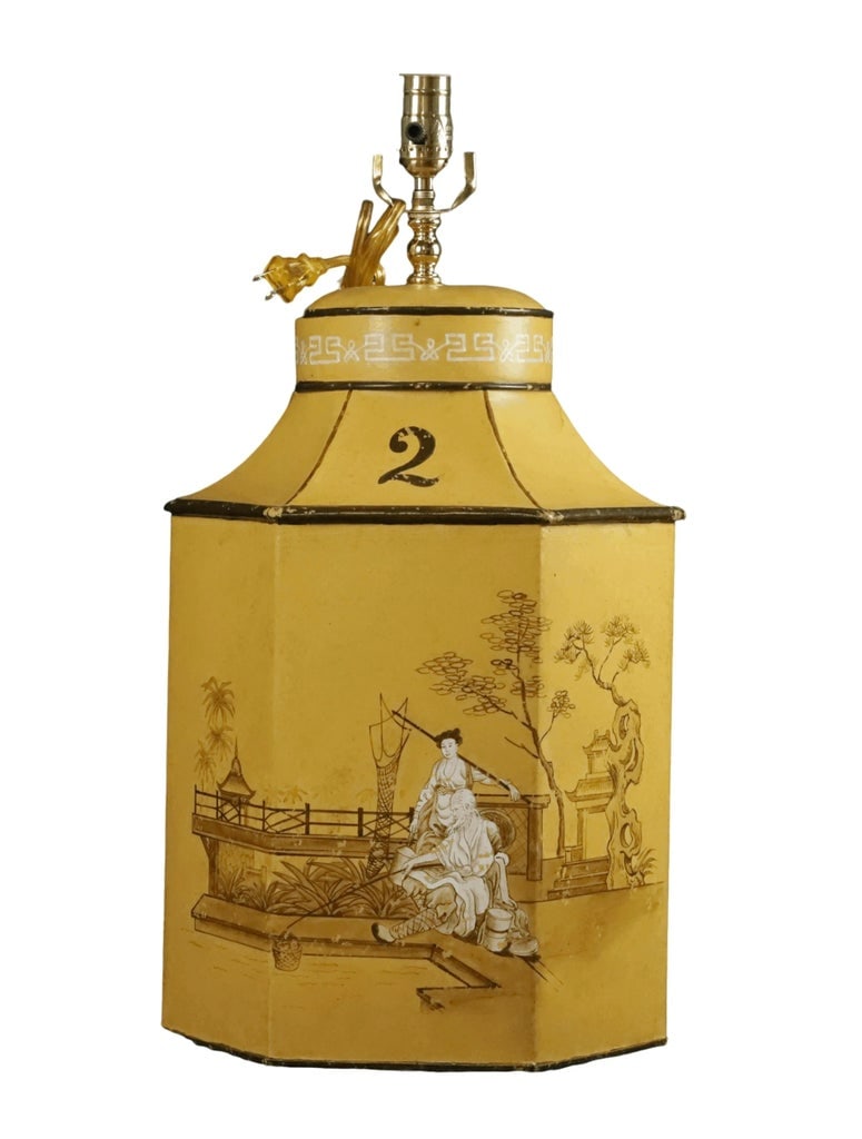 Vintage English Export Tea Caddy Hand-Painted Chinoiserie Figurines Table Lamp.Hand Drawn Table Lamp - 5