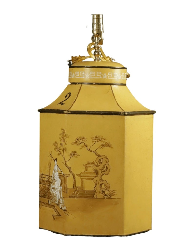 Vintage English Export Tea Caddy Hand-Painted Chinoiserie Figurines Table Lamp.Hand Drawn Table Lamp - 6