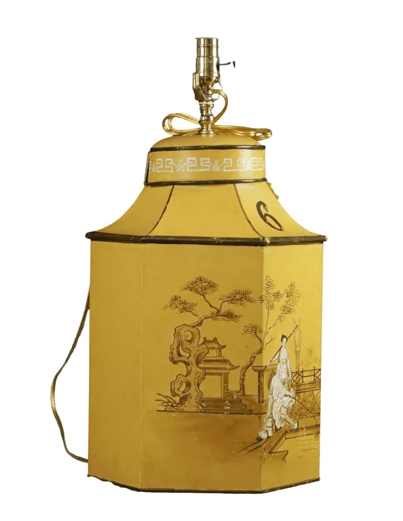 Vintage English Export Tea Caddy Hand-Painted Chinoiserie Figurines Table Lamp.Hand Drawn Table Lamp - 7