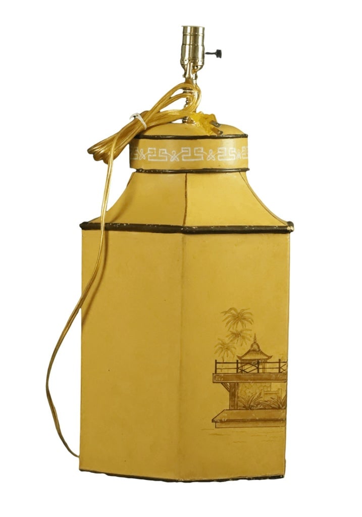 Vintage English Export Tea Caddy Hand-Painted Chinoiserie Figurines Table Lamp.Hand Drawn Table Lamp - 8