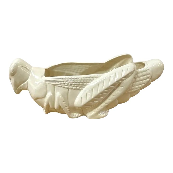 1970s Blanc De Chine Figural Grasshopper Jardiniere/Planter: 1970s Blanc de Chine Figural Grasshopper Jardiniere/Planter Stamped 'Arnal's Copyright 1977' Add 1970s aesthetic to your interior with this charming and whimsical 1970s Blanc de Chine Figural