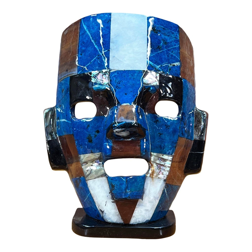 Vintage Mexican Mosaic Stone Mask With Lapis Lazuli & Shell Inlay: Bold, graphic, and richly hued, this striking vintage Mexican mosaic mask artfully blends vibrant lapis lazuli, luminous shell, polished quartz, and other semi-precious stones into an intricate