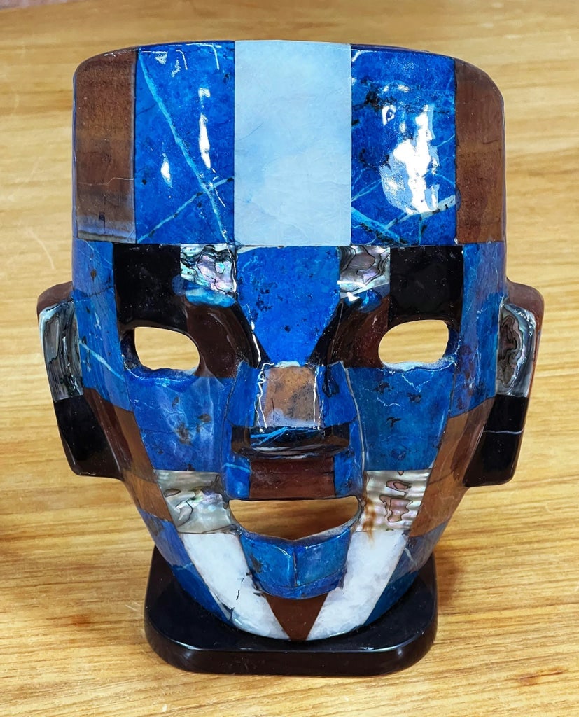 Vintage Mexican Mosaic Stone Mask With Lapis Lazuli & Shell Inlay - 6