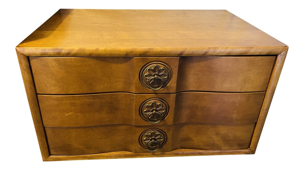 Vintage Thomasville/Kent Coffey Style Tamerlane Nightstand: Vintage set of Kent Coffey style or Thomasville Tamerlane Asian Nightstand. Brass flower pulls. Has no pedestal. There is a yellow vinyl inside all the drawers I tried to pull a corner off to see who