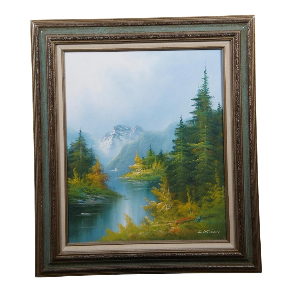 Vintage Lantren Forest Lake Mountain Landscape Oil Painting 32": Vintage oil painting on canvas depicting a lush mountain nature landscape of pines along a river / lake. Signed Lantren in lower right corner. Carved champagne gilt wood frame with green painted