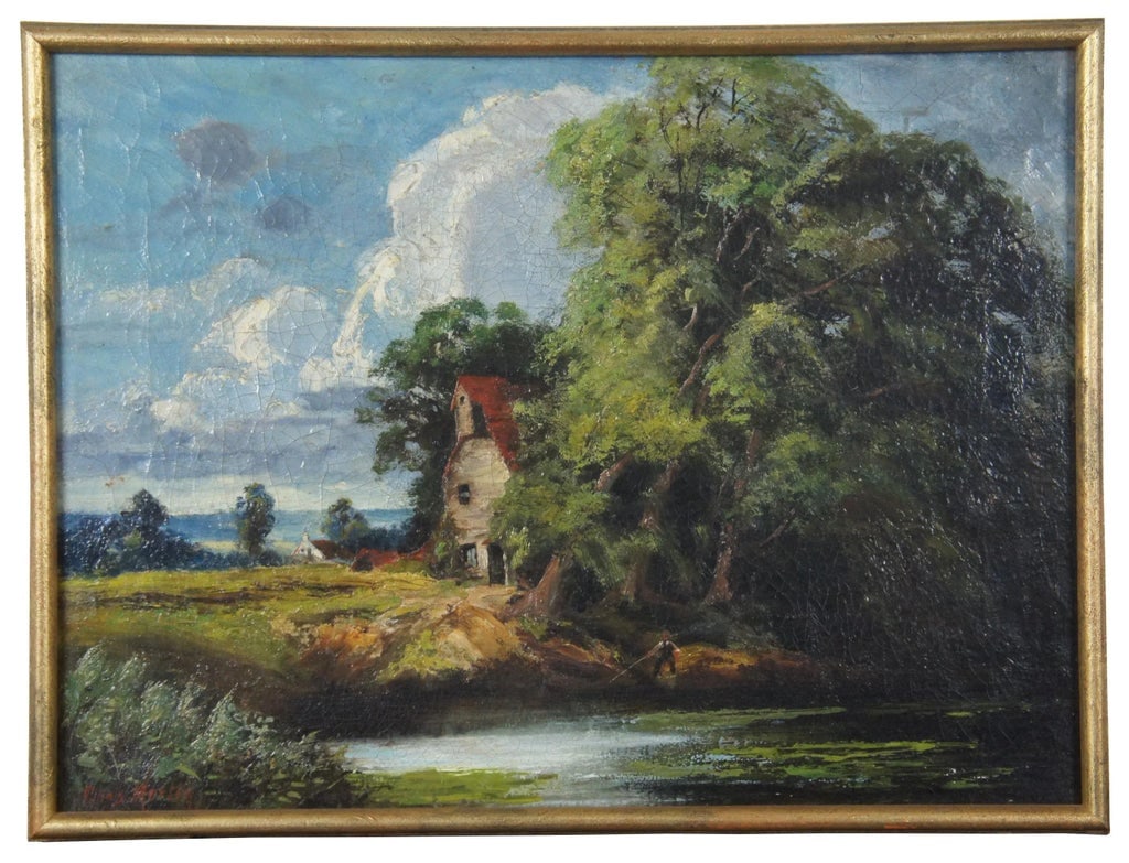 Antique European Fisherman River Cottage Oil Landscape on Canvas by Charles Martin - 13