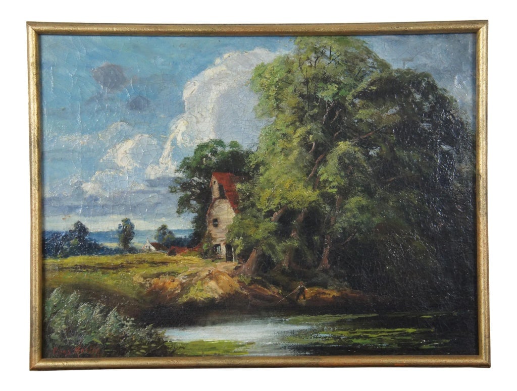 Antique European Fisherman River Cottage Oil Landscape on Canvas by Charles Martin: 19th century oil painting on canvas attributed to Charles "Chas" Martin. Features a fisherman by the river with a cottage in the background. Signed lower left. Condition: Alterations: Original Conditi