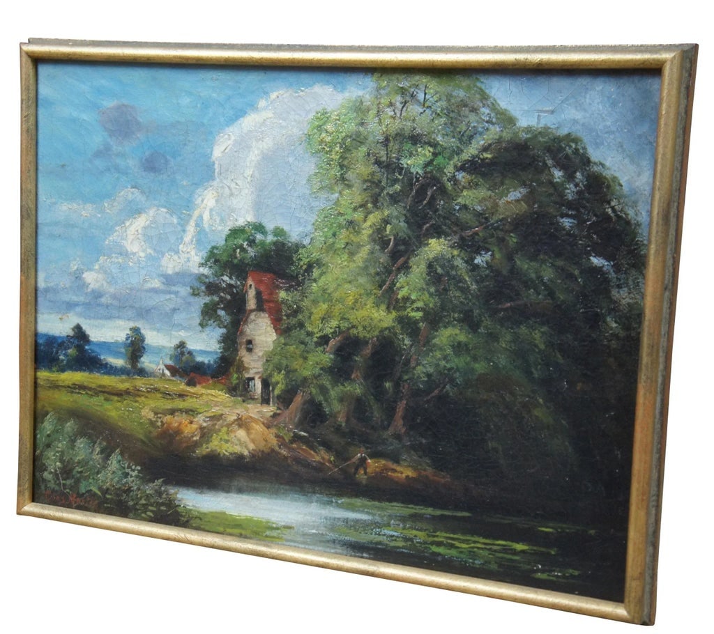 Antique European Fisherman River Cottage Oil Landscape on Canvas by Charles Martin - 2