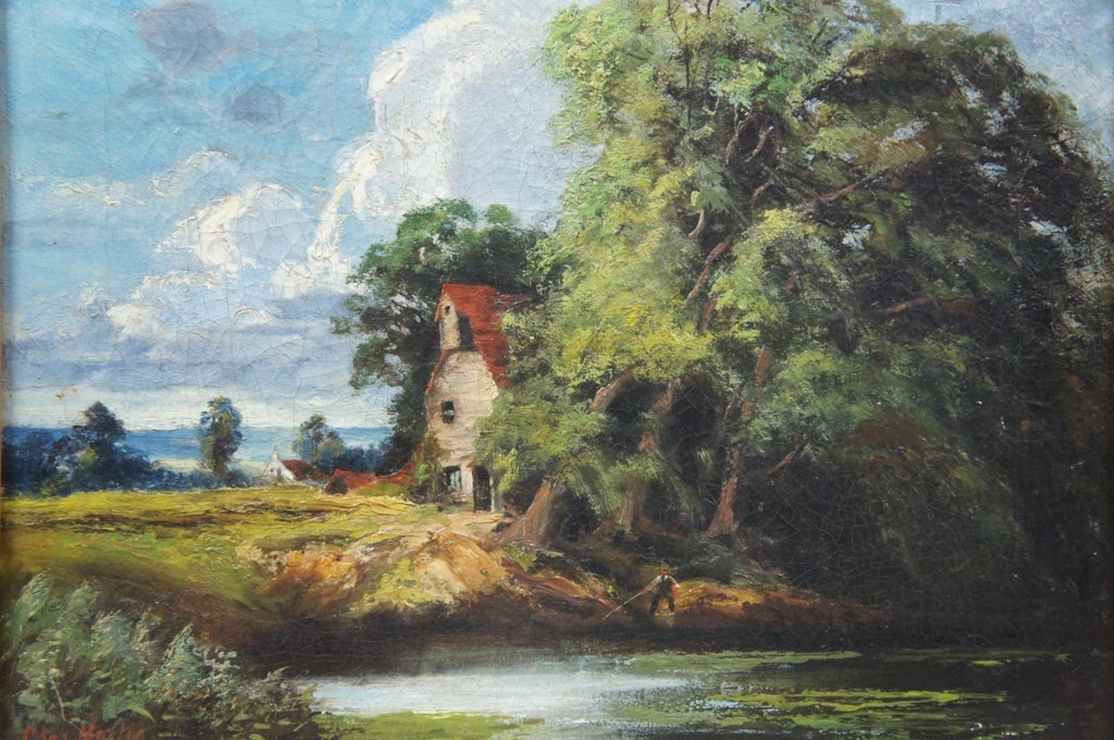 Antique European Fisherman River Cottage Oil Landscape on Canvas by Charles Martin - 5