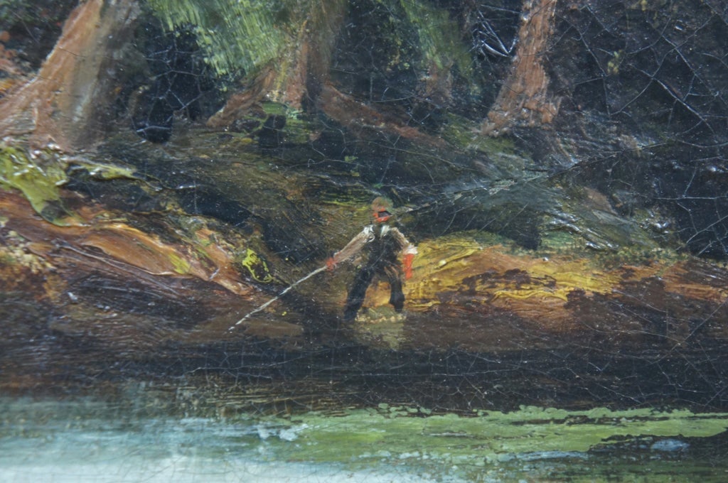 Antique European Fisherman River Cottage Oil Landscape on Canvas by Charles Martin - 7