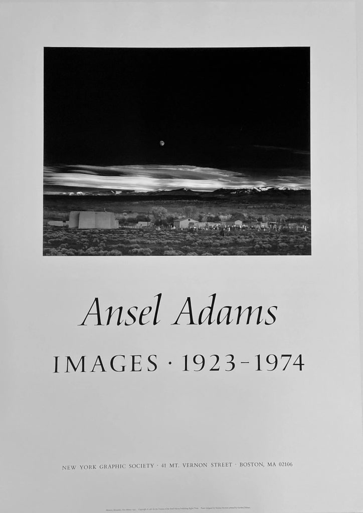 1980s Ansel Adams New York Graphic Society Poster: It states in small type under the photograph, "Moonrise , Hernandez, New Mexico, 1941. Copyright 1981 by the Trustees of the Ansel Adams Publishing Rights Trust. Poster designed by Stephen Harvard,