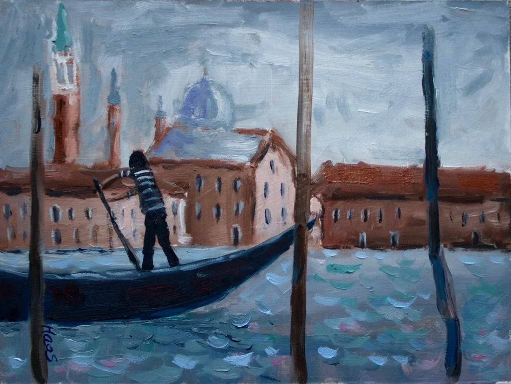 The Gondolier, Contemporary Impressionist Oil Seascape: Quiet Places & Italian Memories - The Gondolier, Venice I wanted to capture that elegant, quiet movement. The way the figures glide past sun-drenched, historic walls always feels like a scene from