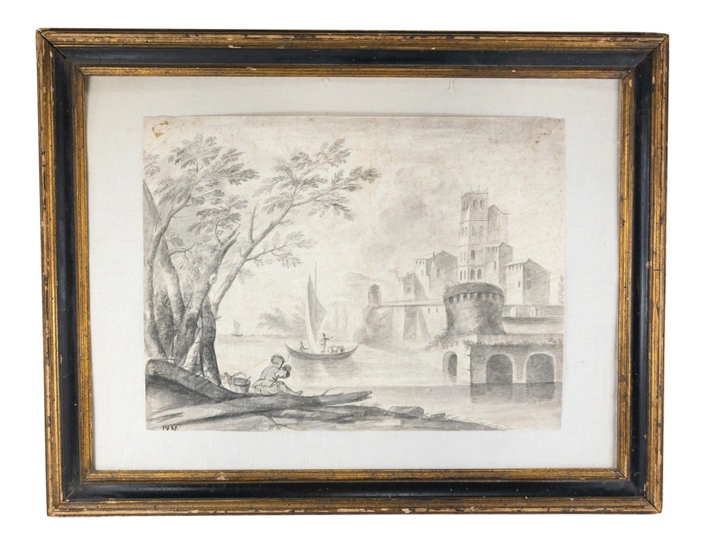 Old Master Renaissance Style Drawing From Karl Mann Associates: We are selling this interesting framed piece of art. This Old Master or Renaissance style sketch or study is of a castle with fishing boat and figures on a log in the foreground. The piece appears to
