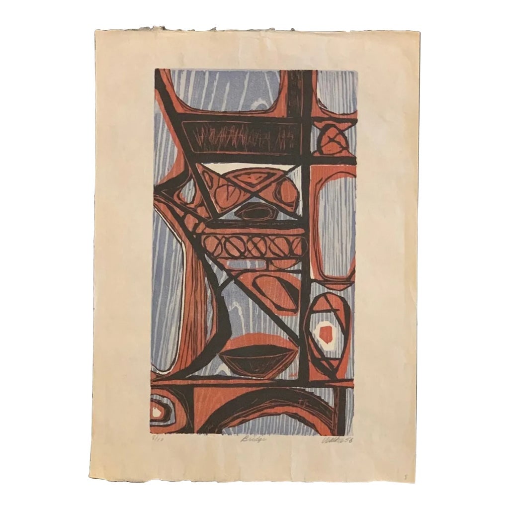 1950s Clay Walker "Bridge" Color Woodcut: Clay Walker color woodcut print titled, "Bridge". Edition 10, 1956 Signed, numbered, titled, and dated in pencil. Image size: 17.5 x 9.5 inches Meyer Fine Art, Inc. is the exclusive representative for