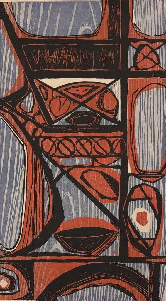 1950s Clay Walker "Bridge" Color Woodcut - 2