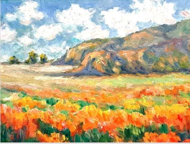 Oil Painting Landscape Red Fields Cliffs Clouds Original Framed - 2