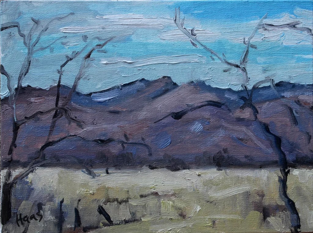 Contemporary Plein Air Landscape Oil, Smith Valley: Quiet Places & Journeys - Smith Valley Ranch Original oil painting by L Haas, 8 x 6 unframed linen panel, signed. Warm tones and soft brushwork give a calm, open feel to this landscape. Unframed.