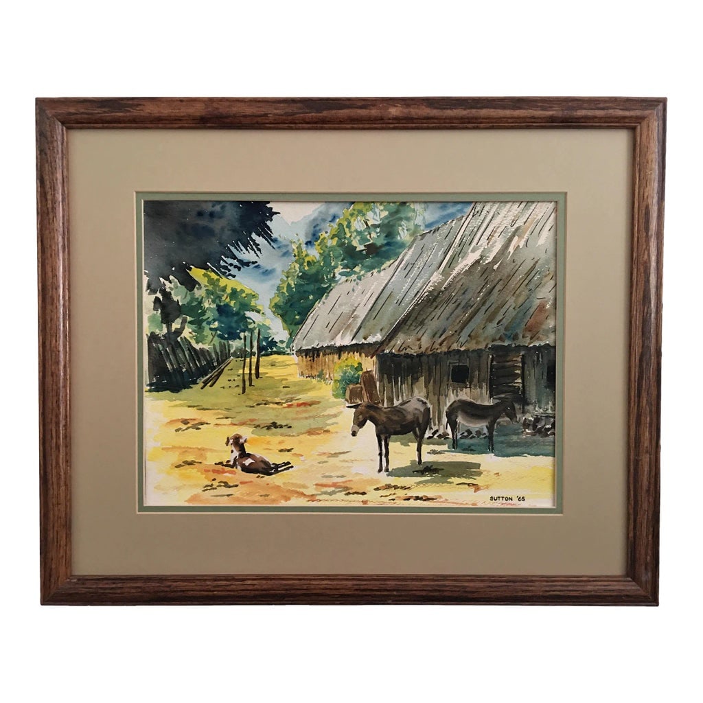 1960s Rustic European Landscape Watercolor Painting by Phillip Sutton, Framed: Phillip Sutton was a water color artist from Europe His painting are most of the time related to Nature and animal This is a perfect sample of his work Condition: Alterations: Original Condition Unalt