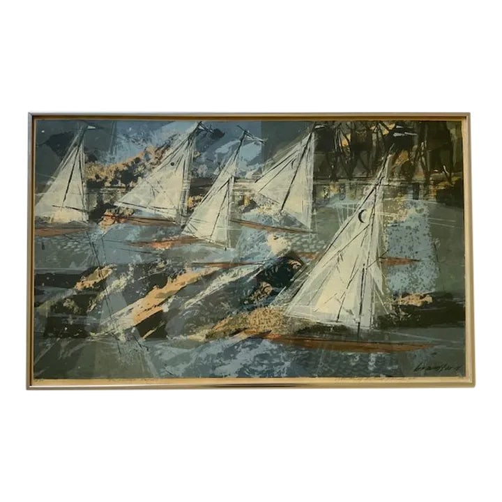 Howard Bradford "Regatta's Return," 1955, Mid Century Modern Abstract Serigraph, Signed, Framed: Mid-century modern abstract serigraph beautifully signed limited edition with yachts on the open sea. By Howard Bradford (Canadian/American, 1919-2008), 1955. Elegantly mid-century figurative abstract