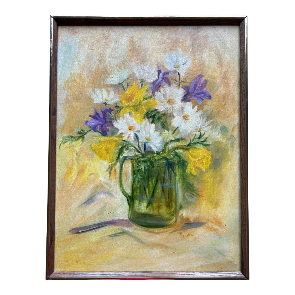 Vintage 1960's Impressionist Floral Still Life White Purple and Yellow Flowers: Beautiful Mid Century 1960's still life featuring yellow, purple and white flowers. Signed to the lower right. In original period wood frame. Measures 18" x 24". Condition: Alterations: Original