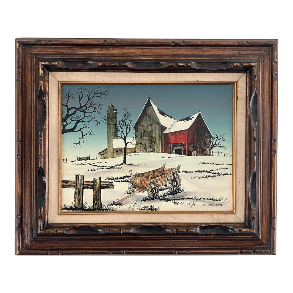 Vintage Winter Farm Landscape Oil by H. Hargrove: Artist: H. Hargrove Subject: Winter Farmstead with Wagon Date: Circa 1960s-1980s Medium: Oil on canvas Image size: approx. 16 * 12 in. Framed size: approx. 24 * 20 in. Description A winter scene,
