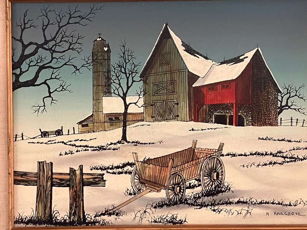 Vintage Winter Farm Landscape Oil by H. Hargrove - 2