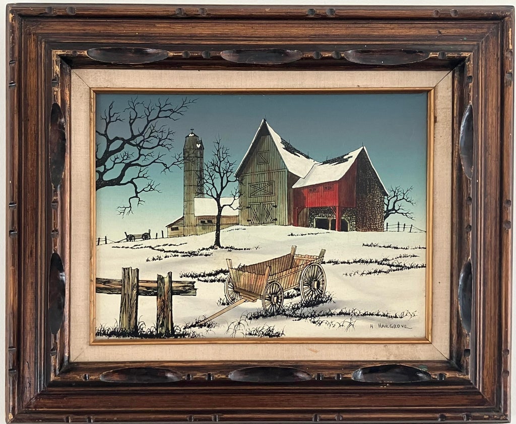 Vintage Winter Farm Landscape Oil by H. Hargrove - 9