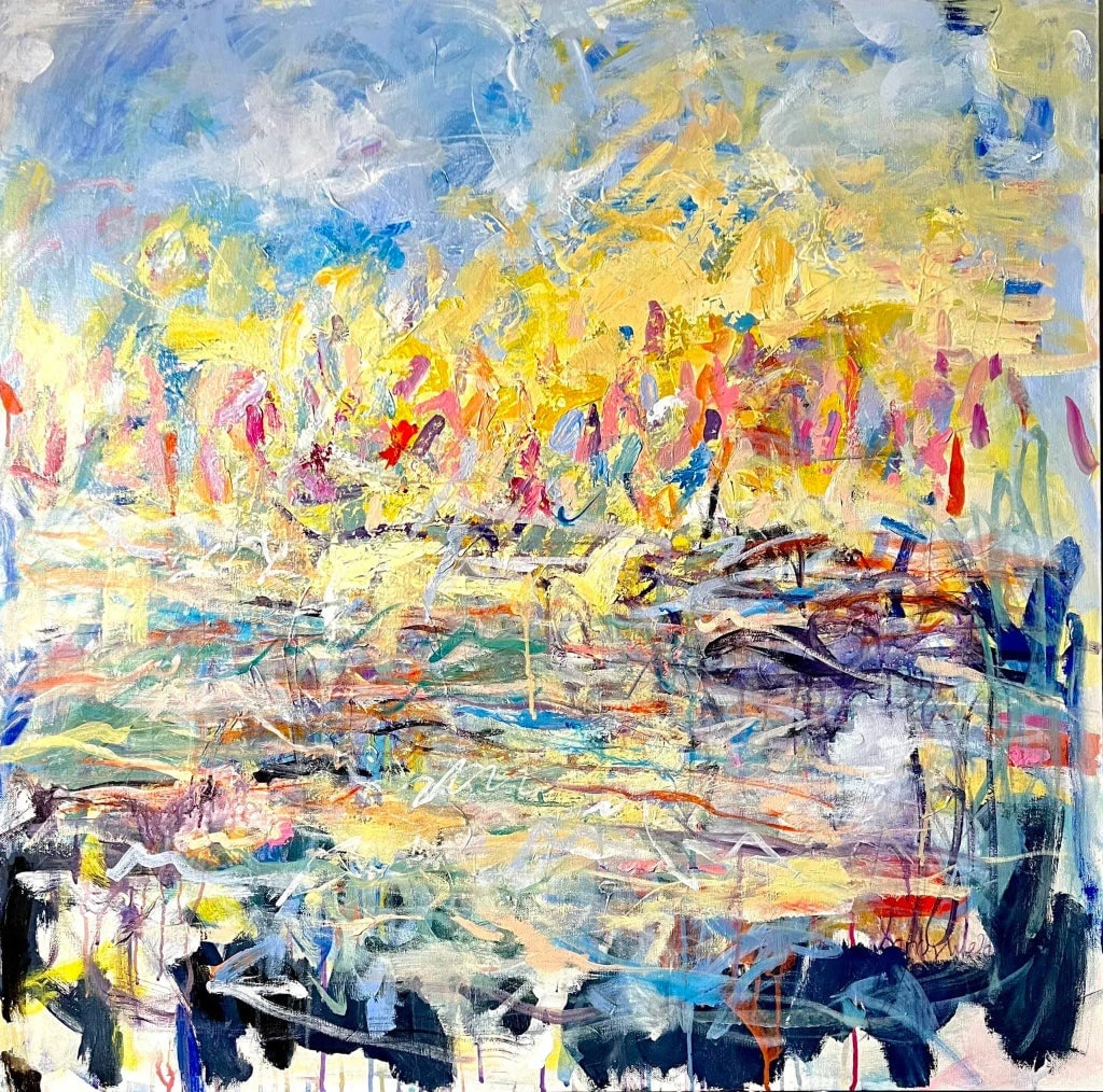 Live in the Sunshine, Swim in the Sea Abstract Acrylic on Canvas Painting by Sandy Welch: Perfect for your beach house or your dream of having a beach house...feel the warmth of the sun and listen to the rhythm of the waves...this painting is guaranteed to bring you right to your favorite 