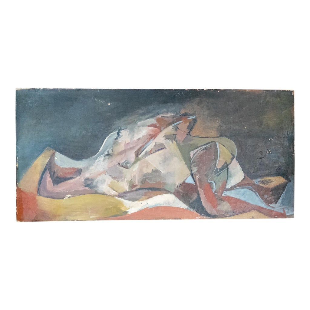 Mid-Century Modern Abstract Cubist Reclining Nude Female Figure Painting: We are selling this attractive Mid-Century Modern geometric abstract painting of a reclining nude figure. This figural study is very well done with sophisticated design and color palette. The