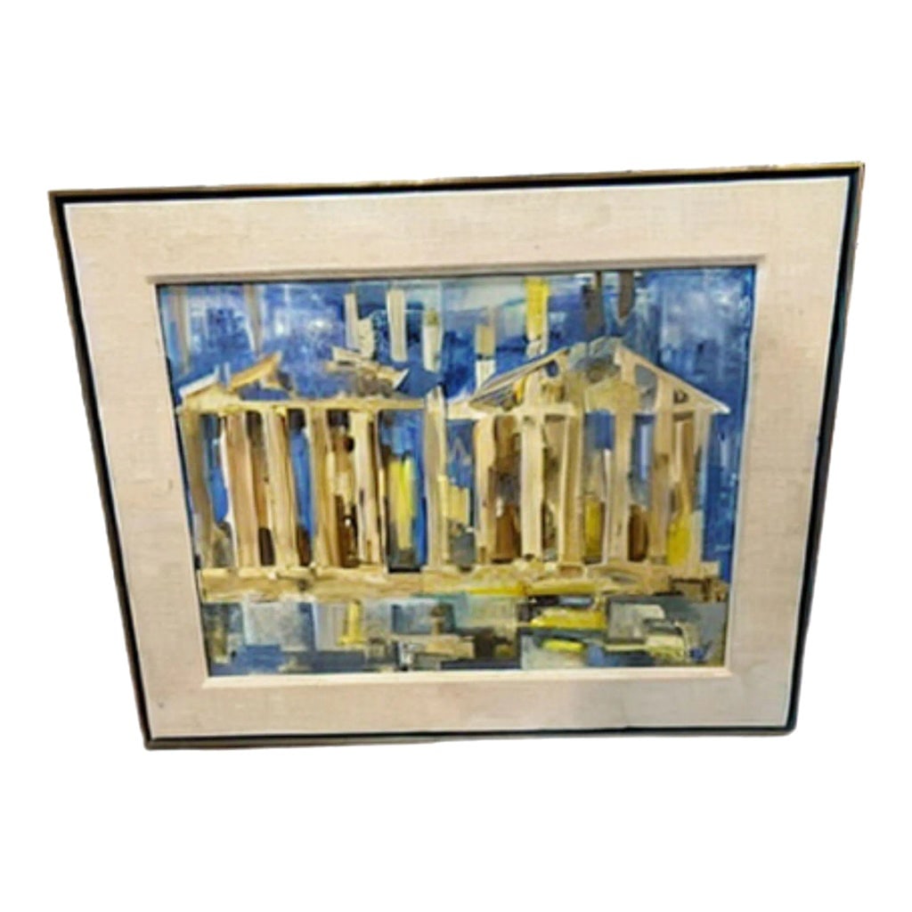 1970s "Acropolis" Watercolor Painting Blue & Yellow by Rae Stone Taub, Framed: Original Watercolor Painting in Vibrant shades of Blue, Yellow, Cream and Brown featuring an Abstract Acropolis in Athens. Ecru-colored linen, beveled matte. Giltwood frame with interesting detail -