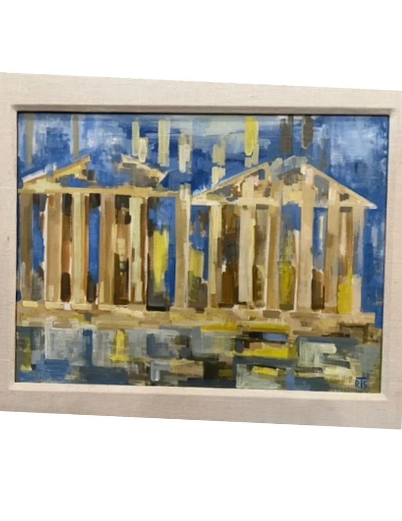 1970s "Acropolis" Watercolor Painting Blue & Yellow by Rae Stone Taub, Framed - 2