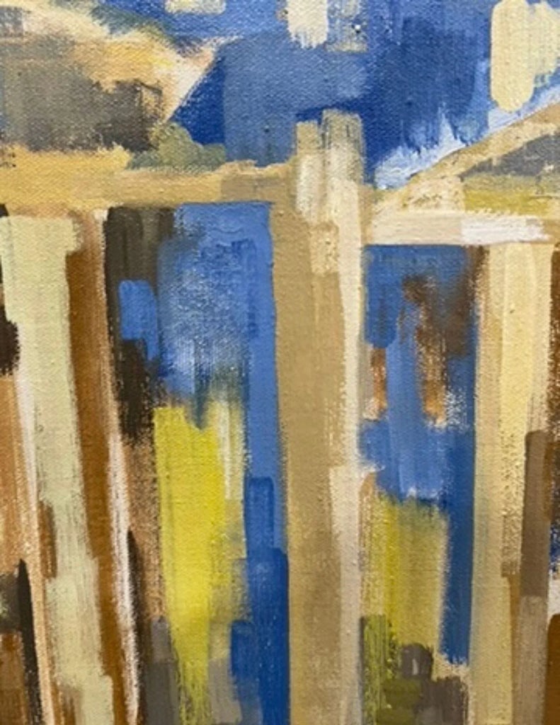 1970s "Acropolis" Watercolor Painting Blue & Yellow by Rae Stone Taub, Framed - 3