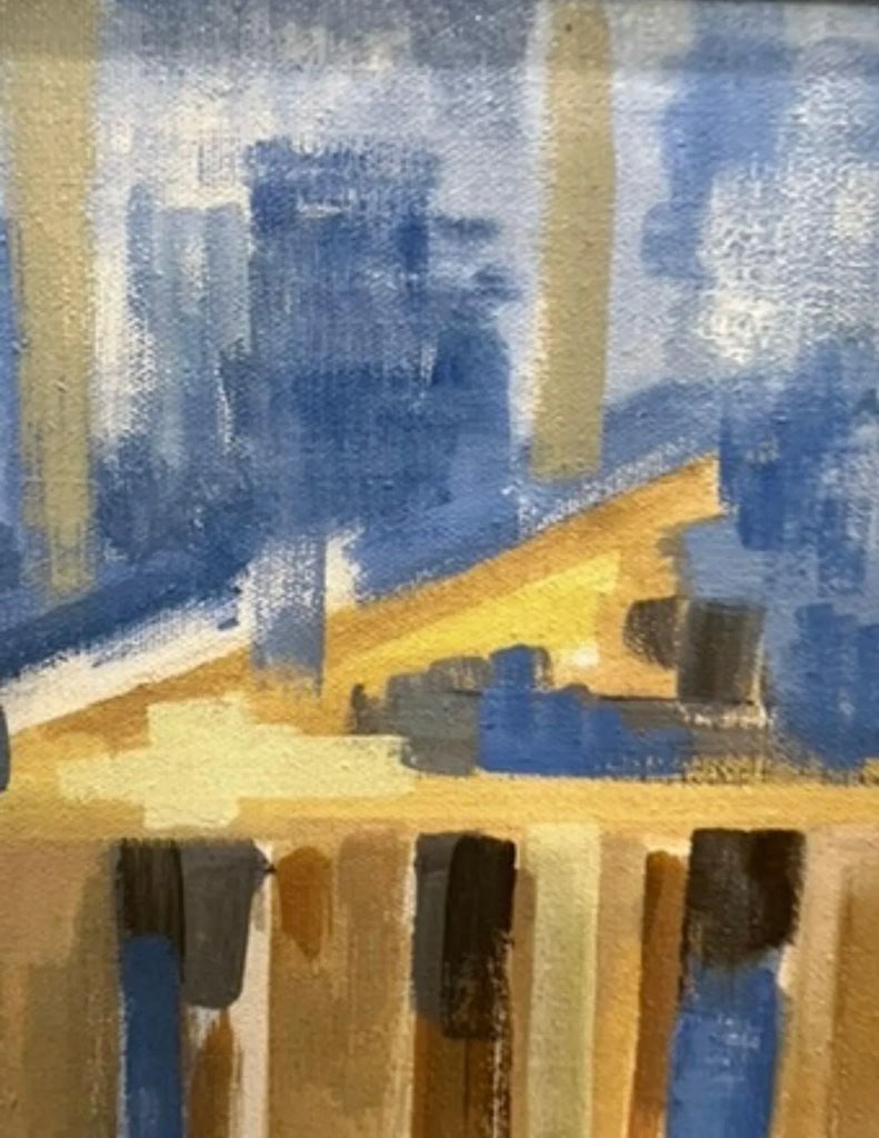 1970s "Acropolis" Watercolor Painting Blue & Yellow by Rae Stone Taub, Framed - 4