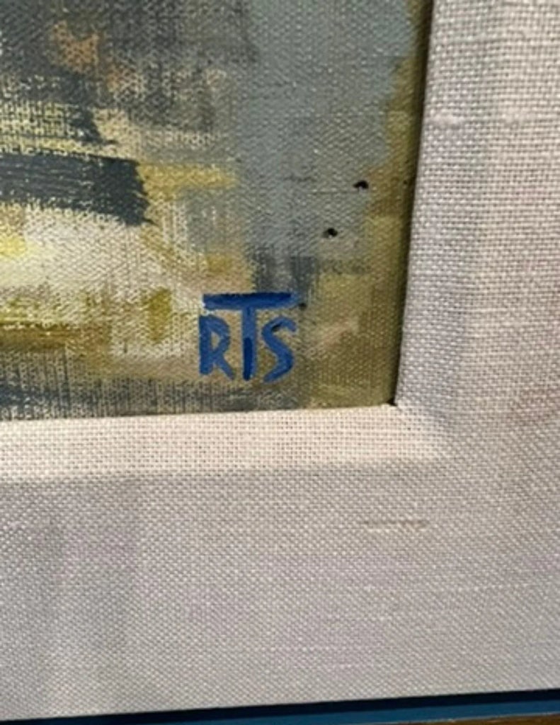 1970s "Acropolis" Watercolor Painting Blue & Yellow by Rae Stone Taub, Framed - 5