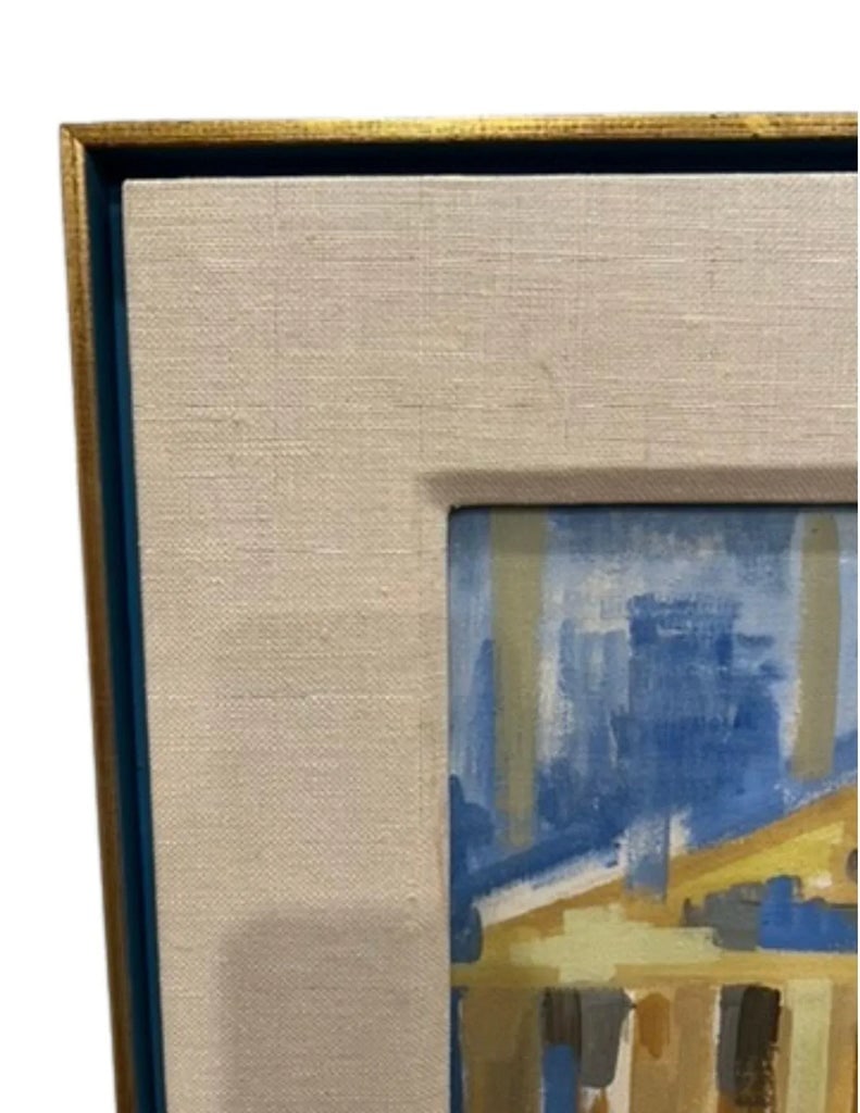1970s "Acropolis" Watercolor Painting Blue & Yellow by Rae Stone Taub, Framed - 6