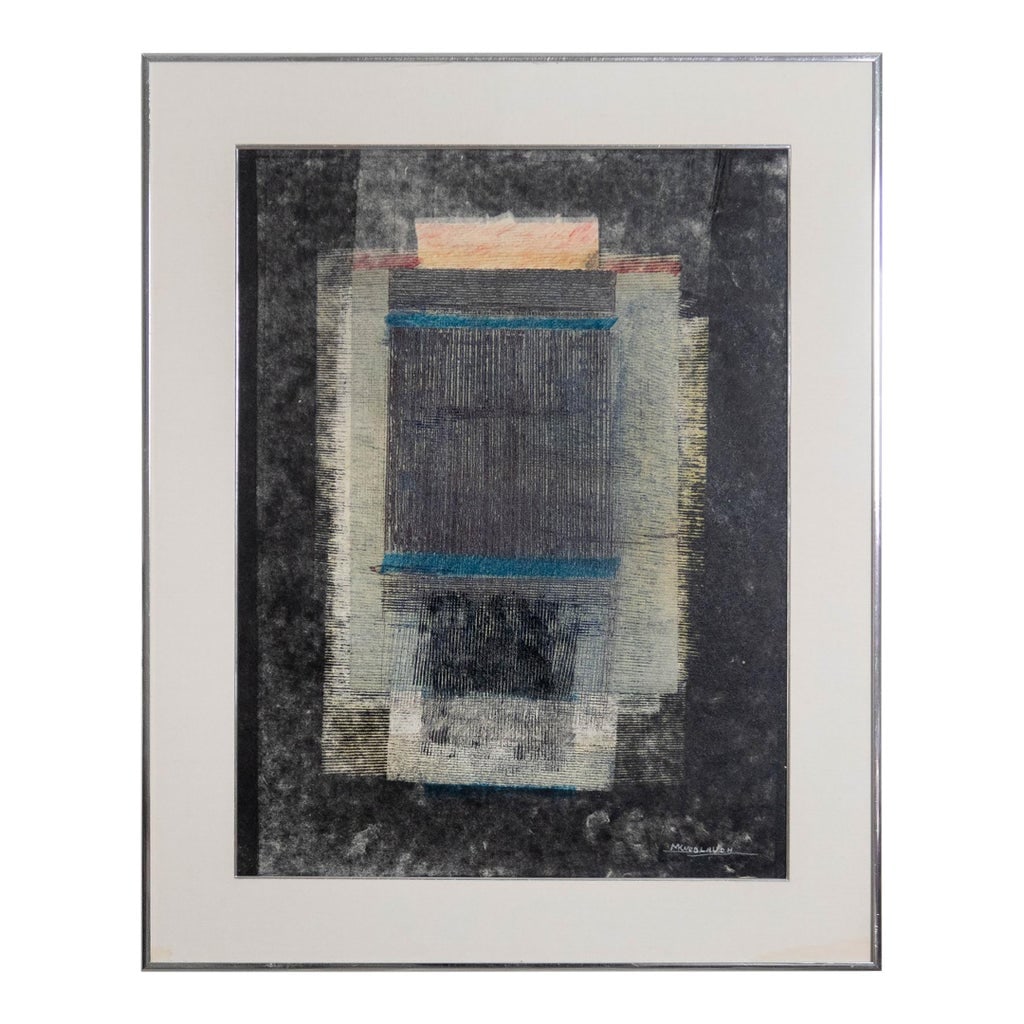Signed 1984 Abstract Acrylic & Silkscreen by Michelle Knowblauche, Framed: This original abstract work by Michelle Knowblauche, executed in 1984, features a layered, architectural composition created through a combination of acrylic and silkscreen techniques. The piece is