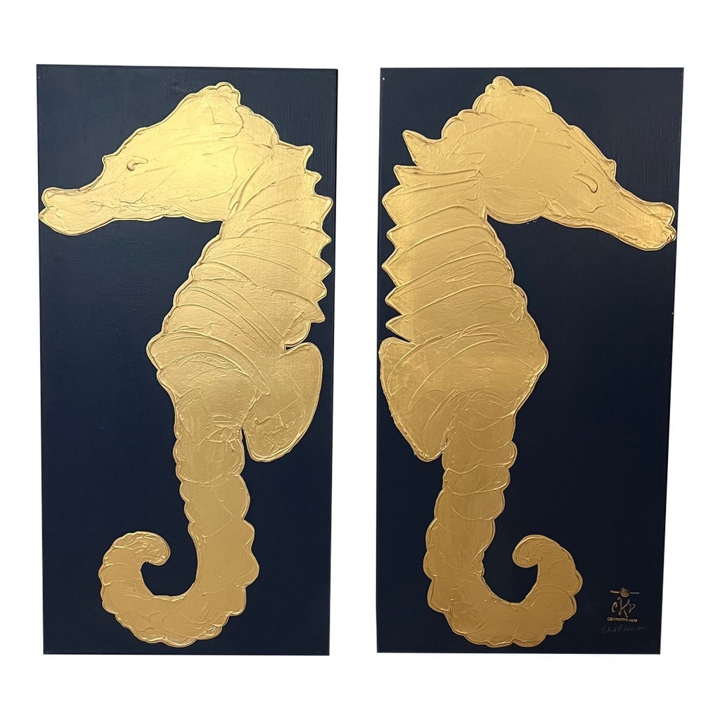 Twin Seahorses Canvas Art, Navy Blue & Gold Original Paintings Designed by Cheryl P. Kohloff - Set o: Seahorse Twin Collection - Designed by Cheryl P. Kohloff 12" x 24" Canvas Panels Color Palette: Coastal Navy Blue Finished Background & Gold Metallic Paint Material: Plaster Sculpted Seahorses