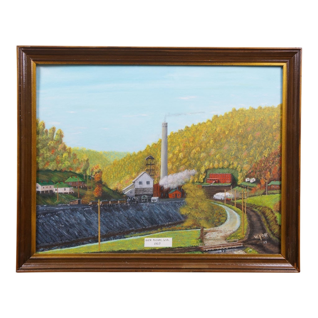 Rev. Wallace York Glen Rogers West Virginia Mining Town Acrylic Oil Painting: Vintage acrylic landscape oil painting on canvas board titled "Glen Rogers, West Virginia, 1927" by Rev. Wallace V. York. Depicts a landscape view of Glen Rogers with the large smokestack from the pow