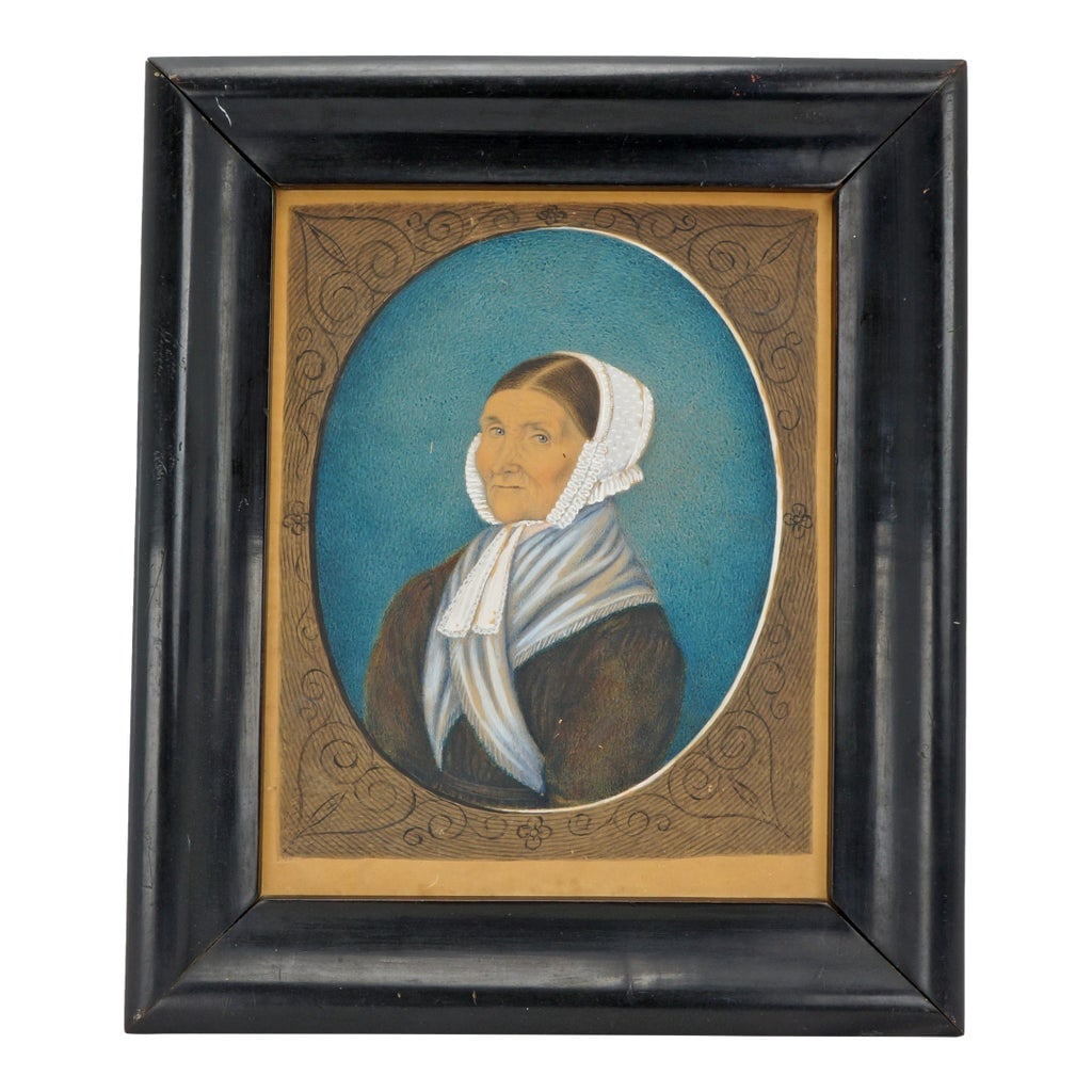 Antique Primitive Portrait Watercolor Gouache Early 19th Century: A portrait artist has captured in realism a matron with a lace bonnet and shawl from the 19th century. It is hand painted and a work of folk art. The work is an example of New England folk art from th