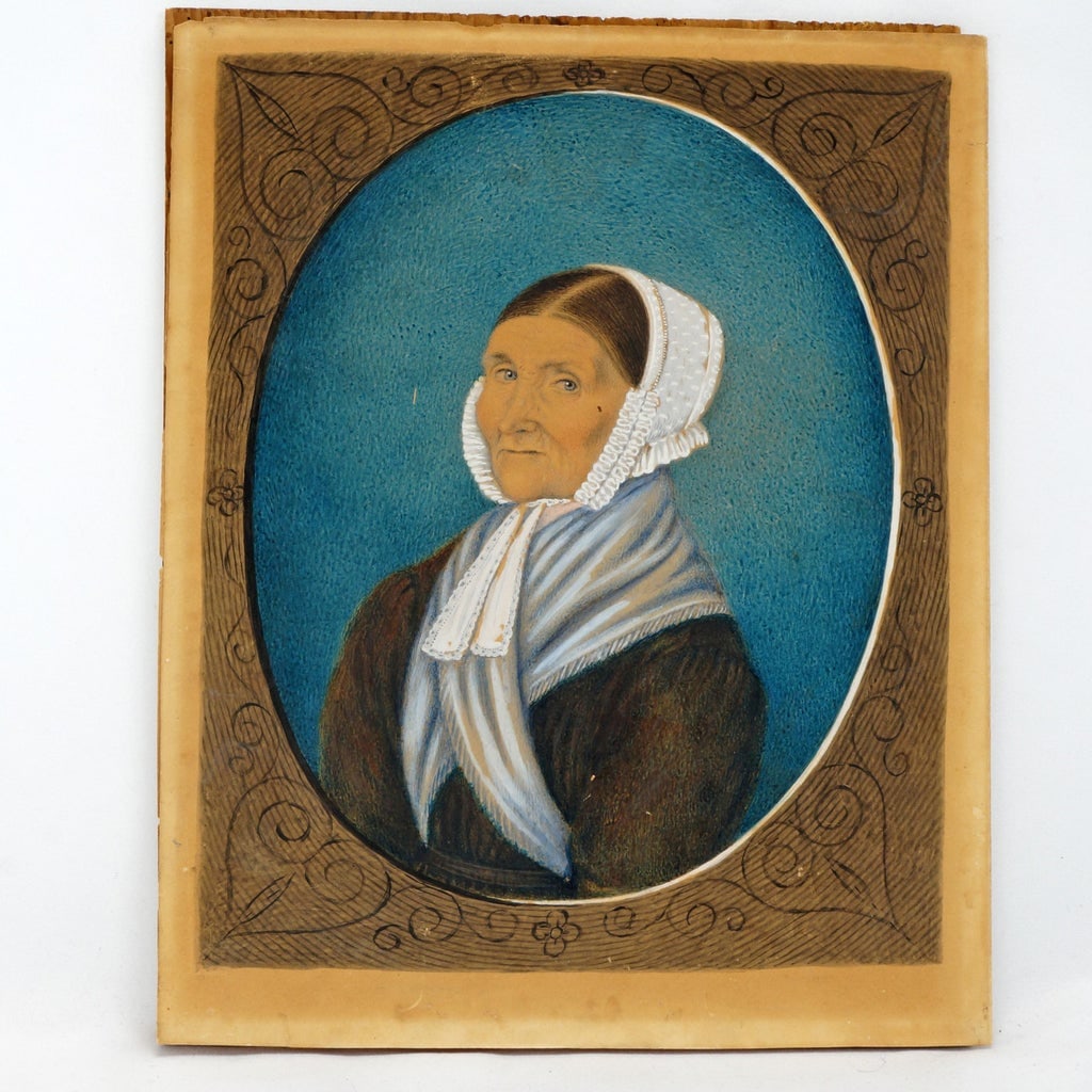 Antique Primitive Portrait Watercolor Gouache Early 19th Century - 3