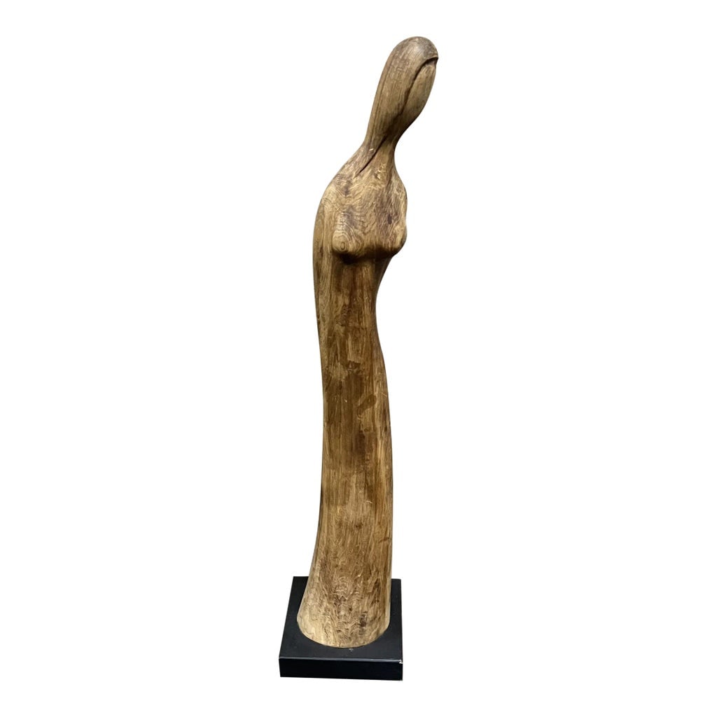 Elegant Mid-Century Female Form Walnut Sculpture on Black Base by Endre Vitez: Tall mid-century walnut sculpture of a woman on a square, black wood base. This is a very elegant form - simplicity at its very best. Piece is signed on the back side, E. Vitez (Endre Vitez was a